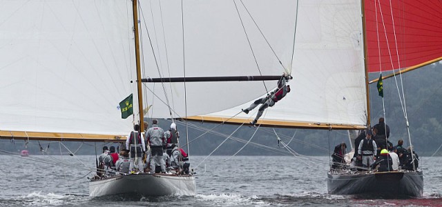 "Vanity" hat im Zweikampf mit "Sphinx" hat einen Mann an den Baum geschickt, um ein Schot-Problem zu lösen. © Rolex/Daniel Forster