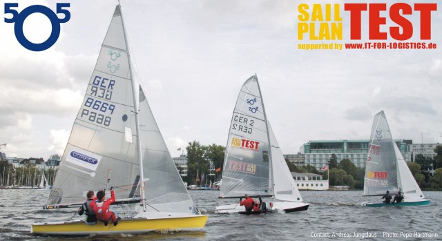 Drei 505er mit verschiedenen Großsegel-Konfigurationen auf der Alster. © Pepe Hartmann