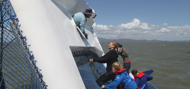 Der 50-Fuß-Kat "eDoc" liegt auf der Seite, die Familie steht auf dem Leeschwimmer, der Vater sieht aus der Fluchtluke. © Sealink Magnetic Island Race Week Media Der 50-Fuß-Kat "eDoc" liegt auf der Seite, die Familie steht auf dem Leeschwimmer, der Vater sieht aus der Fluchtluke. © Sealink Magnetic Island Race Week Media