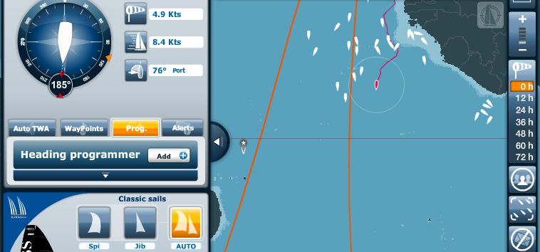 Mittendrin in der Flaute vor dem Äquator. Die Spitze der Flotte segelt rechts unter Afrika.