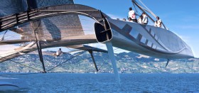 Die spinnenartige Konstruktion unter dem Trampolin des 90 Fuß Alinghi Katamarans wurde auch von Artemis benutzt. © Alinghi Alinghi 90 Katamaran