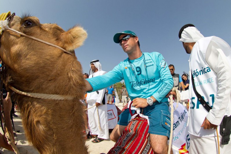 Iker Martinez reitet auf einem Kamel in den Hafen ein. Auch seinen Kollegen... © IAN ROMAN/Volvo Ocean Race