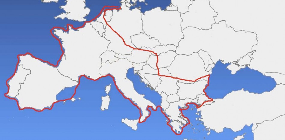 Die geplante Route. Über die großen Flüsse zum Schwarzen Meer. An der Küste entlang rund Europa. © A. Gabriel