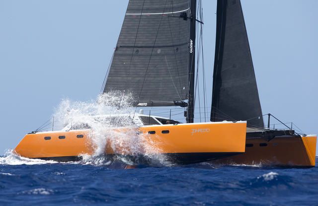 Ein hübscher oranger Farbfleck ist Gunboat 66 Katamaran `Phaedo´. Er sieht aus wie ein Fahrtenkat... Ocean Images/Team Phaedo