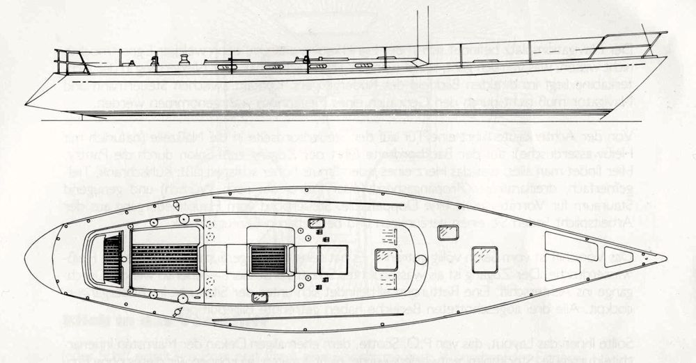 So schön kann ein 53 Fuß Fahrtenboot aussehen, wenn Peter Norlin es zeichnet. Die`Super Swede 53´ war als komfortablere, breitere, hochbordigere und auch steifere Weiterentwicklung der `Swede 55´ gedacht. Der Entwurf stammt von Anfang der 80er Jahre. © Archiv Braschos