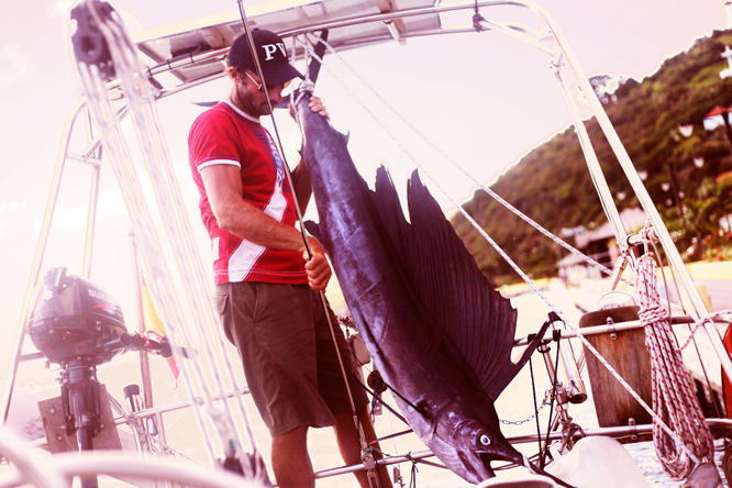 ...mit sehr männlichen Erfolgen wie dem Fang dieses 1,85 Meter langen Segelfisches.  © sailingaroundtheglobe.blogspot.com