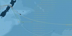 Die Karte vom 23.2. "Neutrogena" segelt einen direkten Kurs und macht deshalb Boden auf "Renault" (grün) im Süden gut. "Groupe Bel" (rot) und "Estrella" halten nach Norden auf ein Tief zu. "Mapfre" setzt vorne "Virbac" mächtig unter Druck.