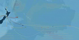Situation am 25.2. "Atu" oben links ist zu einem ex Zyklon herunter gestuft worden. Er bringt "Groupe Bel" und "Estrella Damm" aber immer noch 55 Knoten und zehn Meter hohe Wellen.