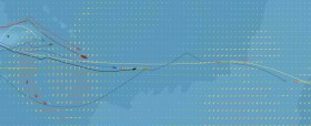 Die Situation am 27.2. "Mapfre" kann zurzeit vorne nicht lokalisiert werden. "Grupe Bel" (rot) und "Estrella Damm" (orange) haben die Ausläufer von Atu erst einmal überstanden. "Neutrogena" und "Renault" passieren gerade das Pazifik-Tor.