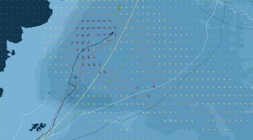 Situation am 14.3. "Neutrogena" (schwarz) wettert einen heftigen Sturm ab, kommt aber gut voran gegenüber "Renault" (grün) und dem direkten Gegner "Estrella Damm" (orange). "Mirabaud" (blau) humpelt Richtung Südamerika. "Hugo Boss" ankert bei den Falkland Inseln.