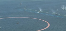 Linien auf dem Wasser. Die Zone um die Luvmarke und der reale Vorsprung eines Teams wird bei den real segelnden Booten dargestellt.