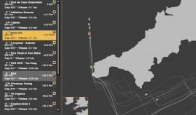 Die Positionen am 24.5. Riechers (rot) auf Rang vier mit Tuchfühlung zur Spitze. Boris Herrmann (grün) segelt parallel zu Axel Strauss 25 Meilen hinter Platz eins.