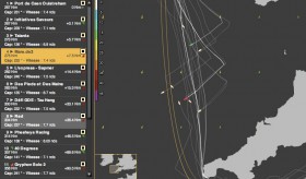 Die Positionen am 25.5. Riechers (rot) segelt noch um den Sieg mit. Herrmann und Blumencron (grün) liegen 30 Meilen zurück.