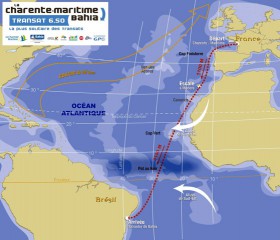 Der Kurs der Mini-Transat-Regatta führt in zwei Etappen über den Atlantik. © Charente Maritime Mini Transat