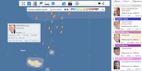 Die Situation am 4.10. um sechs Uhr kurz vor dem ersten Etappenziel Madeira. Der Führende Rogues ist nicht zu sehen, Riechers liegt knapp hinter dem Plattbug.