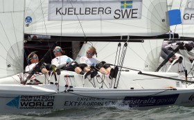 Die Match Racerinnen hängen sich rein. Das schwedische Team gibt alles im Zweikampf vor Perth. © Ocean Images