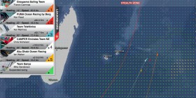 Karte vom 21.12. Die Flotte nähert sich querab von Mauritius der Stealth Zone. Groupama hat eine sichere Führung übernommen.