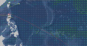 Die Flotte segelt weit ab vom direkten Kurs (rote Linie) nach Auckland. Sie will ein Hochdruckgebiet nördlich umschiffen.