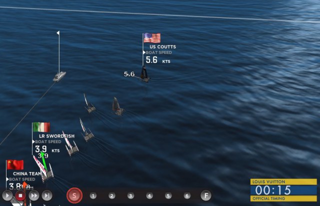 15 Sekunden vor dem Start beginnt Coutts mit der Beschleunigung. Energy kommt von Lee. Darüber liegt noch Spithill. Er ist nicht zu sehen, weil das Tracker Signal ausgefallen ist. 15 Sekunden vor dem Start beginnt Coutts mit der Beschleunigung. Energy kommt von Lee. Darüber liegt noch Spithill. Er ist nicht zu sehen, weil das Tracker Signal ausgefallen ist.