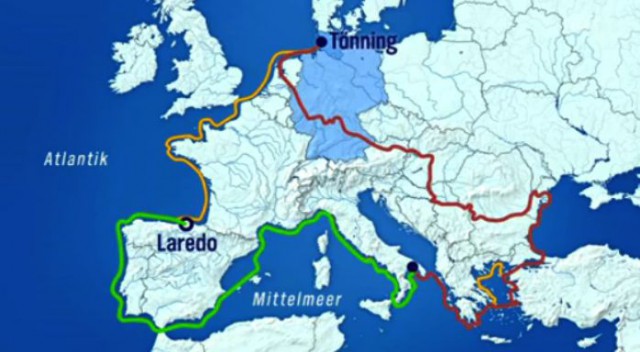 Die Route von Andreas Gabriel. Nach dem zweiten Teil (grün) liegt der Kajakmaran jetzt in Laredo/Spanien. Die Route von Andreas Gabriel. Nach dem zweiten Teil (grün) liegt der Kajakmaran jetzt in Laredo/Spanien.