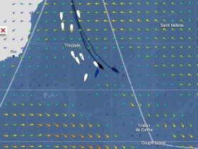 Eine Flautenzone versperrt den Weg zum starken Westwind im Süden. Gabart und Dick wollen auf direktem Weg da durch. Eine Flautenzone versperrt den Weg zum starken Westwind im Süden. Gabart und Dick wollen auf direktem Weg da durch.