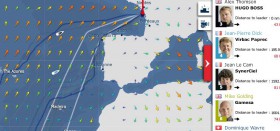 Jean-Pierre Dick hält auf die portugisische Küste zu. Alex Thomson segelt im stärkeren Wind weiter nördlich. Jean-Pierre Dick hält auf die portugisische Küste zu.