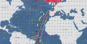 Vendée Globe am 3.2. Tanguy de Lamotte (rot) hat mitten im Atlantik gestoppt und versucht sein Leck zu stopfen. Vendée Globe am 3.2.
