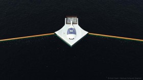 Weit ausladene Holzarme sollen im Meer schwimmende Plastikteilchen in die Sammelstation leiten. © Erwin Zwart/Fabrique Computer Graphics Plastikmüll Sammler im Meer