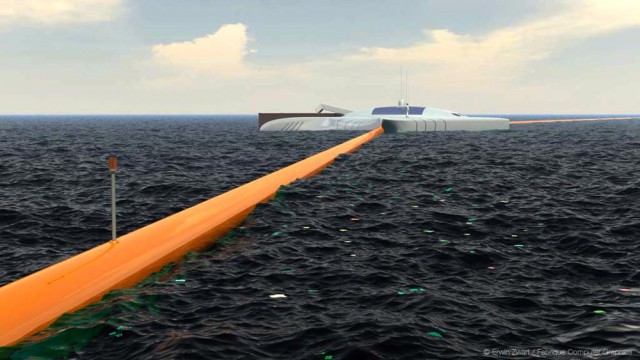 Die Strömung schiebt den treibenden Plastikmüll gegen die Holzbarrieren und zum Sammelschiff. © Erwin Zwart/Fabrique Computer Graphics Plastik-Müll Sammler auf dem Meer