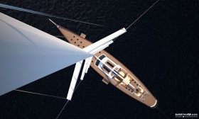 Der Blick aus dem Rigg des Renderings zeigt außer den beiden geöffneten Klappen die drei Cockpits zum Essen, Sonnenbaden und ganz achtern zum Segeln der 55 m Slup © Judel/Vrolijk & Co "Pink Gin VI"