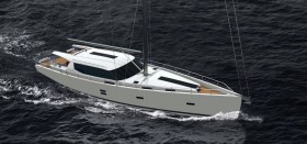 Schräg von vorn macht die neue Moody 54 DS eine passable Figur, jedenfalls hoch schwimmend in der Computeranimation © Moody Boats Moody 54 DS