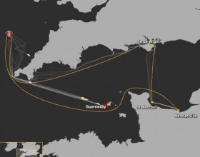 Der verkürzte Kurs beim Normandy Channel Race. Hinter Guernsey wird es noch einmal kompliziert. Aber "Mare" liegt vorne. Verkürzter Kurs beim Normandy Channel Race.