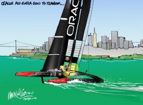 Ainslie bringt ein wenig zusätzlichen goldenen Glanz auf das Oracle Boot. © oBrian/ www.monstacartoons.com Ben Ainslie Kartoon