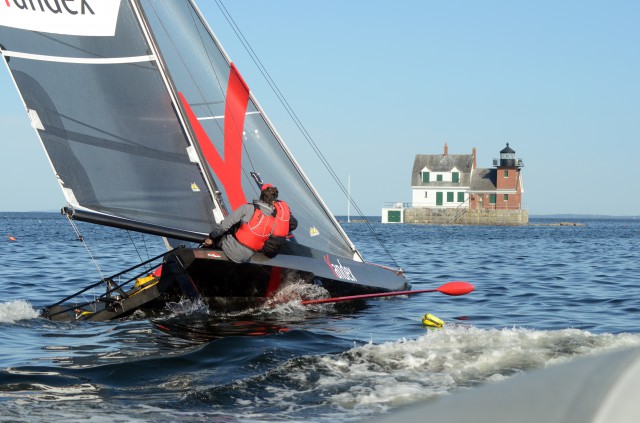 Die SpeedDream I im Speed-Modus, freilich bei sehr moderaten Winden. Deutlich: der quer stehende Kiel an der frischen Luft © SpeedDream SpeedDream, Hochsee, 100-Fuß-Prototyp