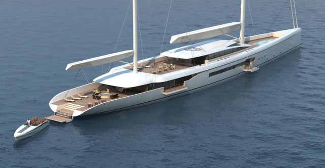 Das Beiboot würde beim Ankern aus dem Vordeck gehoben, dessen Mulde Platz für ein kleines Schwimmbecken böte © Dixon Yacht Design Das Beiboot würde beim Ankern aus dem Vordeck gehoben, dessen Mulde Platz für ein kleines Schwimmbecken böte © Dixon Yacht Design