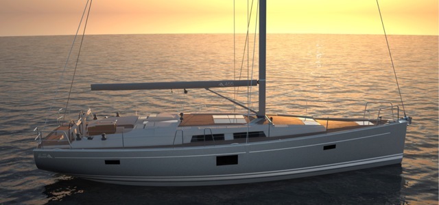 Das neue 45 Fuß Volumenmodell aus Greifswald mit der Großschot hinter dem Baumniederholer © Hanse Yachts
