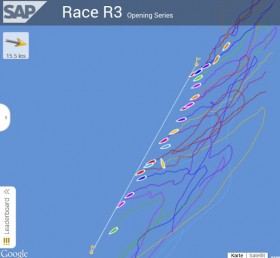 Screenshot des Starts des dritten 470er-Rennens der Männer bei der Kieler Woche 2014. Schon die SAP Race Analytics zeigt ziemlich genau, wo die einzelnen Teilnehmer zur Startlinie liegen. Mit einem Mausklick auf die simulierten Boote werden die Namen angezeigt. ©SAP Screenshot des Starts des dritten 470er-Rennens bei der Kieler Woche 2014. Schon die SAP Race Analytics zeigt ziemlich genau, wo die einzelnen Teilnehmer zur Startlinie liegen. Mit einem Mausklick auf die simulierten Boote werden die Namen angezeigt. ©SAP