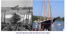 Der Stapellauf des Originals vor 91 Jahren in Massachusetts und neulich in Florida © Eastern Shipbuilding Columbia