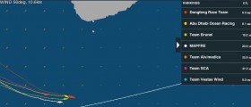 Dongfeng rutscht doch noch vor die Flotte bleibt aber im Windschatten von Sri Lanka stehen. Die Konkurrenz rauscht bis auf acht Meilen heran. Dongfeng rutscht doch noch vor die Flotte bleibt aber im Windschatten von Sri Lanka stehen. Die Konkurrenz rauscht bis auf acht Meilen heran.