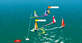 Es dauert ewig, bis Ian Walker zur Linie zurück treibt, nachdem er von der leichtern Strömung am Startschiff vorbei getrieben war. Es dauert ewig, bis Ian Walker zur Linie zurück treibt, nachdem er von der leichtern Strömung am Startschiff vorbei getrieben war.