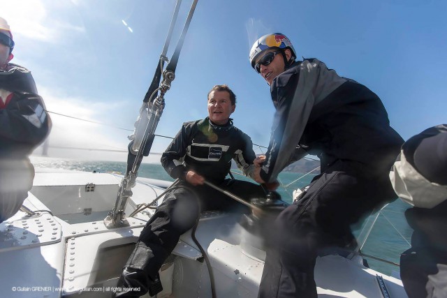 Alain Thébault mit James Spithill, AC-Sieger, bei einer Promo-Fahrt © hydroptere Hydroptère, Trans-Pac