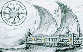 Ein Stich aus dem 17. Jahrhundert zeigt den Einsatz der “Guaras” auf einem südamerikanischen Segelfloß © kon tiki 2 Kon Tiki 2, Expedition, Inka, Polynesien, Urvolk