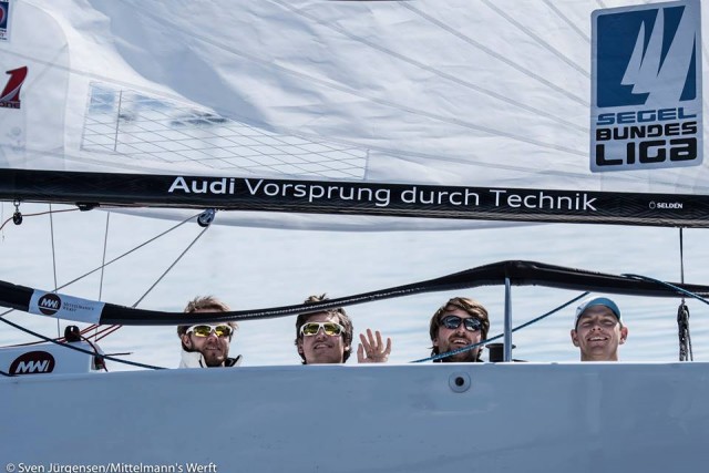 Das siegreiche NRV-Team Florian Spalteholz, Florian Weser, Niklas von Meyerinck, Tobias Schadewaldt (v.l.) © DSBL/Sven Jürgensen Segel-Bundesliga Starnberg