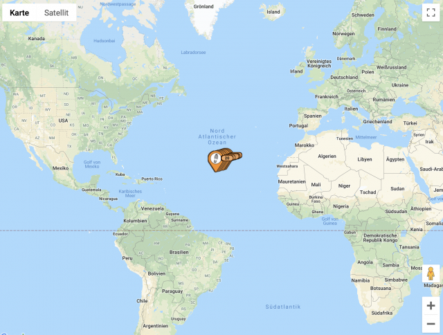 Savins Position am 70. Tag seiner Reise © google maps Savin, Tonne, Diogenes, Transatlantik