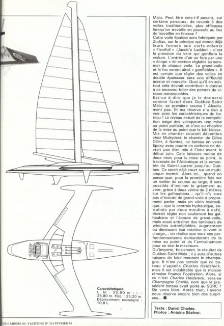 Aus einem Artikel in “Cahiers du Yachting” © cahiers du yachting Charles Heidsieck, trimaran, Foils,