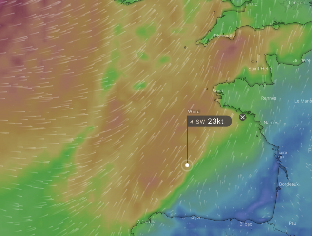 Heutige Wettervorhersage für Montag abends © windy tv Mini Transat, Vorbereitung, La Rochelle