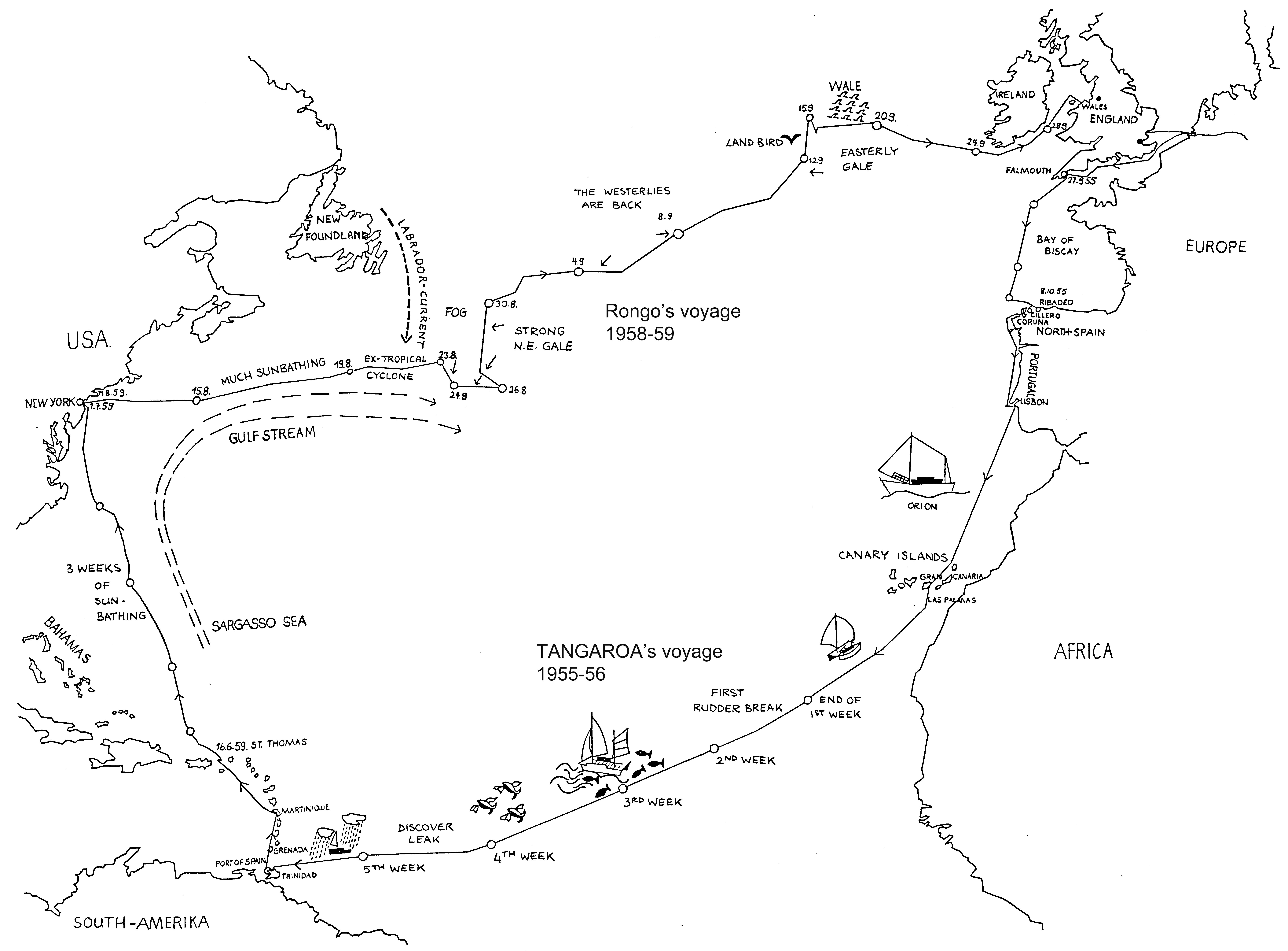 Route der Atlantiküberquerungen von James Wharram Route der Atlantiküberquerungen von James Wharram