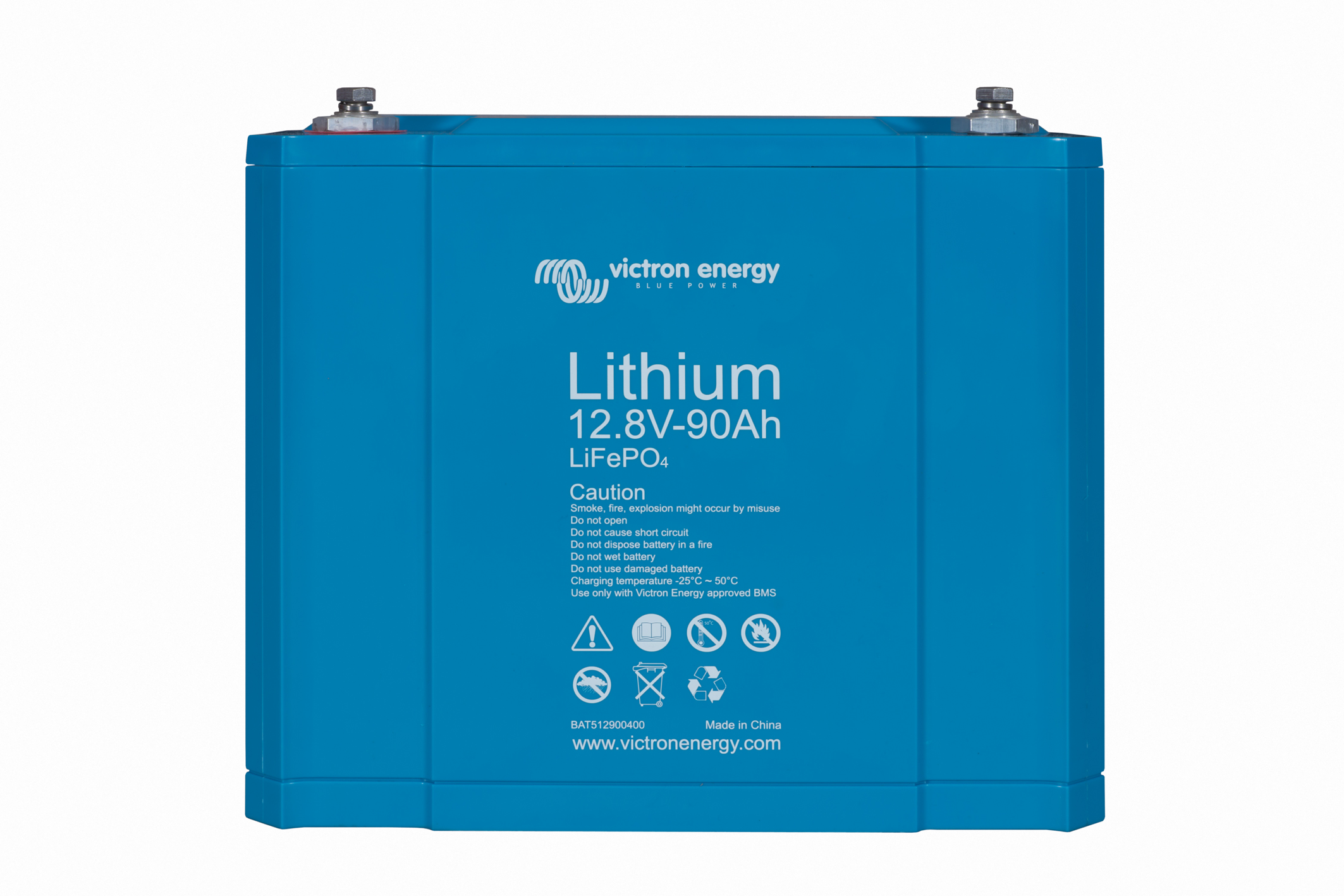 Victron-Energy-LiFePo-Batterie, 90 Ah, Abmessungen in mm:<br />H249 x L285 x B168, Gewicht 16 kg © Victron