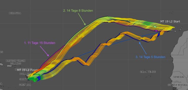 Drei ausgewählte Routings aus den aktuellen GEFS 45km Ensemble Routings. Im Moment geht kein Szenario wirklich nach Süden. In Szenario 1 wird es im letzten Drittel mit 25kn+ wehen. Die Wahrheit wird bekanntlich irgendwo in der Mitte liegen. Ohne auf die Details geschaut zu haben, wäre mein gefühlter Tipp, direkter Kurs mit einer Nord-Komponente. © screenshot/Tessloff