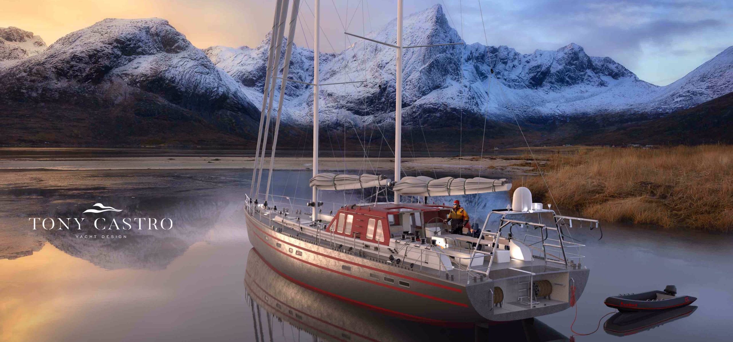 Die Pelagic 77 ist als Expeditionsyacht ausgelegt (Bild: Tony Castro Design) Pelagic 77 vor Bergkette